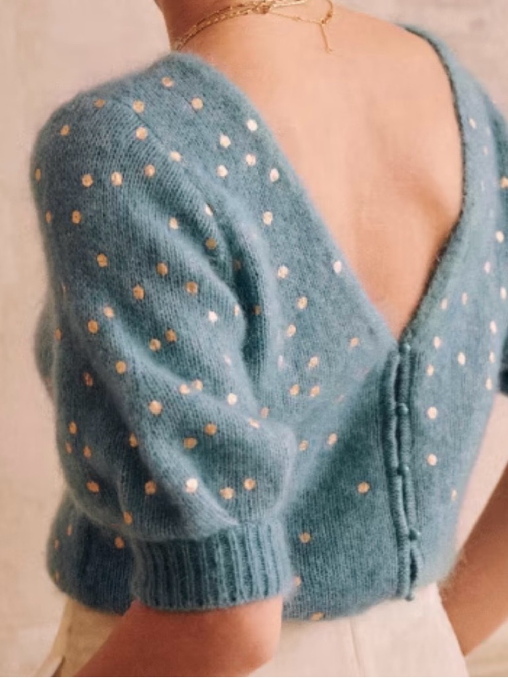 Sezane Teal Blue Gold Polka Dot Short Sleeve Knit Sweater Size XS NWOT - Picture 2 of 9